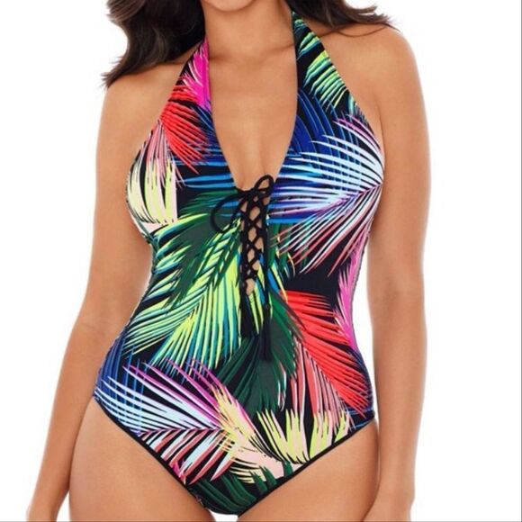 Skinny Dippers Miraclesuit Bright Lights Sirene Halter One Piece Swimsuit large - Picture 1 of 15